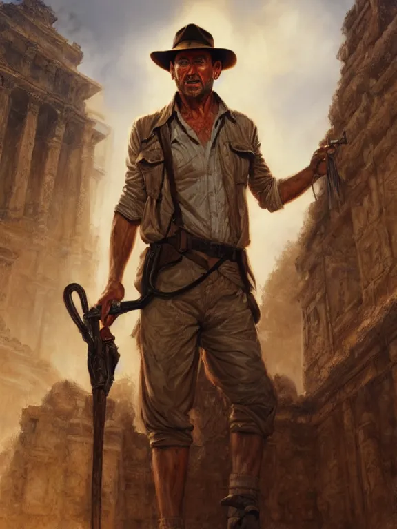 Prompt: indiana jones standing in front of an ancient temple, digital painting, extremely detailed, 4 k, intricate, brush strokes, mark arian, artgerm, bastien lecouffe - deharme