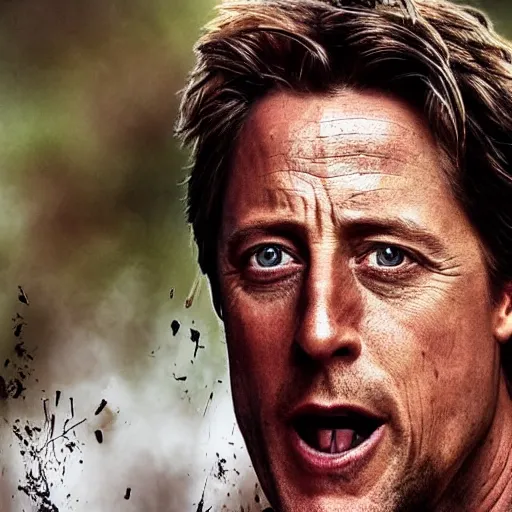 Prompt: hugh grant man vs wild, born survivor, face with beard, forest, fear, worms, bonfire, mud, man in white t - shirt, art by edwardsles,