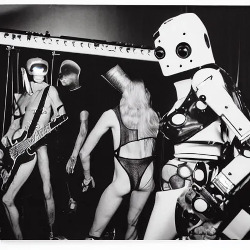 Prompt: robots on the backstage of a punk rock concert by robert mapplethorpe