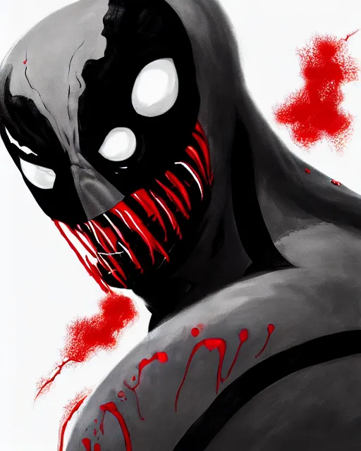 Image similar to highly detailed closeup portrait of a mutated venom symbiote in deadpool suit, smiling broadly into the camera, by atey ghailan, by greg rutkowski, by greg tocchini, by james gilleard, by joe fenton, by kaethe butcher, red, black, crimson and grey color scheme