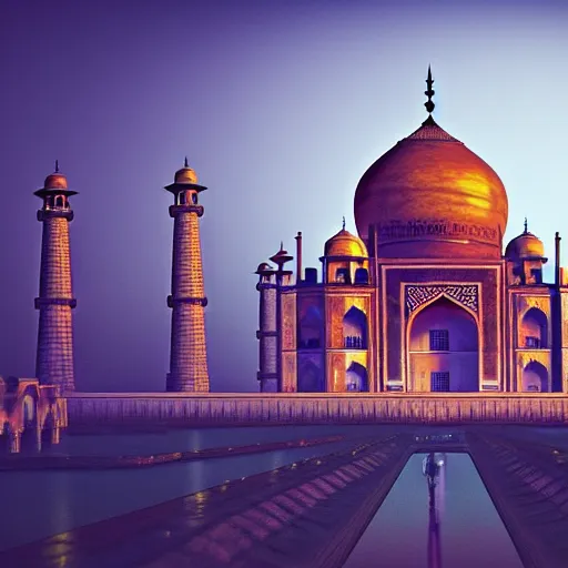 Image similar to taj mahal in cyberpunk futuristic times. 4 k, photorealistic.