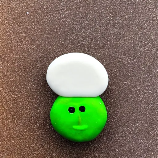 Prompt: photo of the green m & m with the face of borat