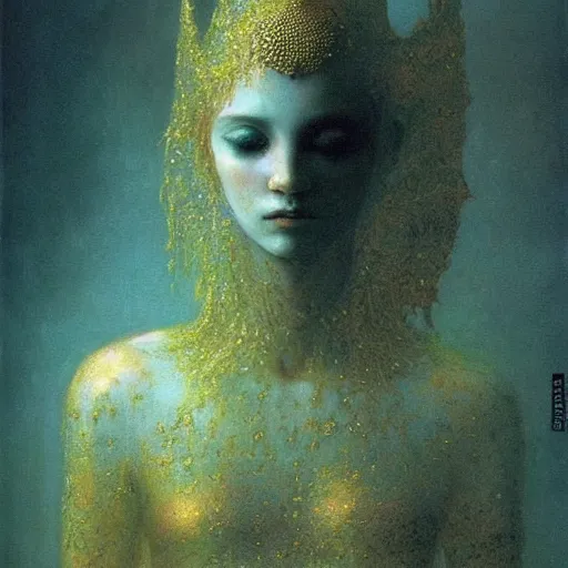 Image similar to portrait of ethereal young dragon princess in golden armour by Beksinski