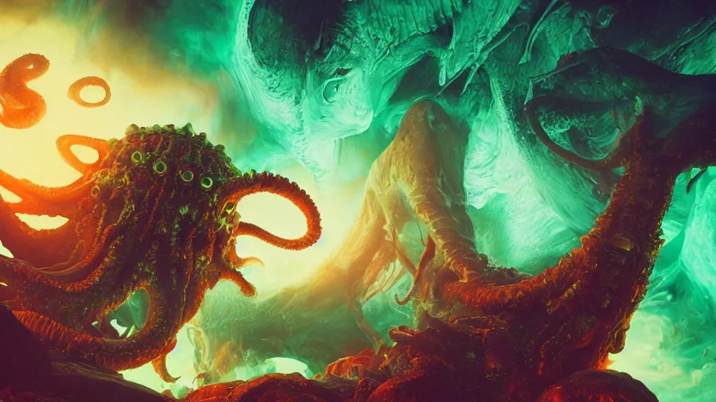 Prompt: An epic beautiful 3D render of an ancient terrifying Cthulhu in space, consuming and eating and destroying a futuristic colorful spacestation. Bright explosions. By Ken Fairclough and Dylan Cole, trending on behance, trending on artstation, award winning. Cinematic, film screenshot directed by Christopher Nolan and Denis Villeneuve. PBR, path tracing, octane render, highly detailed.