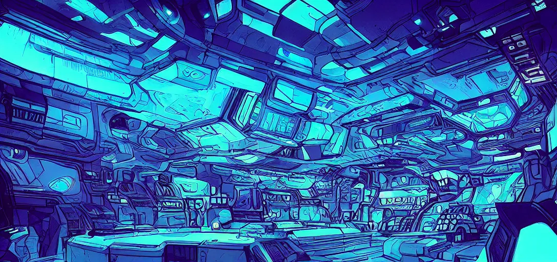 Prompt: “Spaceship board, zenithal view, blue neon light, inside a dark room, in the graphic style of Patrick Gleason, detailed art, artstation, comic art ”