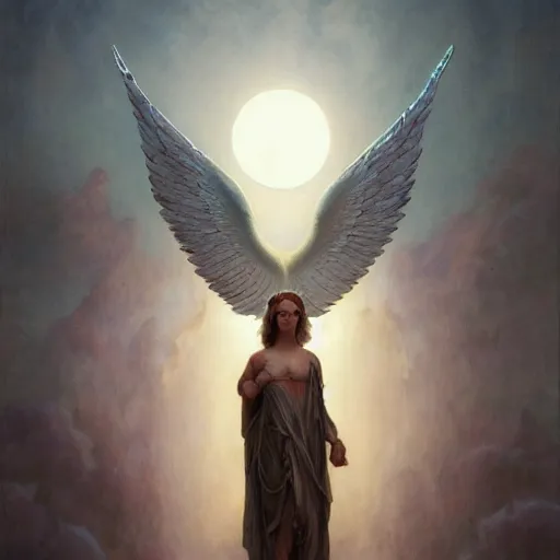 Image similar to A biblically accurate winged Angel with eyes within and without, LSD trip, fullbody, artstation, fantasy, concept art, dark, moonlight, incredible, smooth, sharp focus, illustration, art by greg rutkowski and orientalism and bouguereau and Zdzislaw Beksinski, good clear quality, lighting, biology, symmetrical artwork, perfect face, 135 mm, cinematic, hyper realism, high detail, octane render, 8k, chrome accents