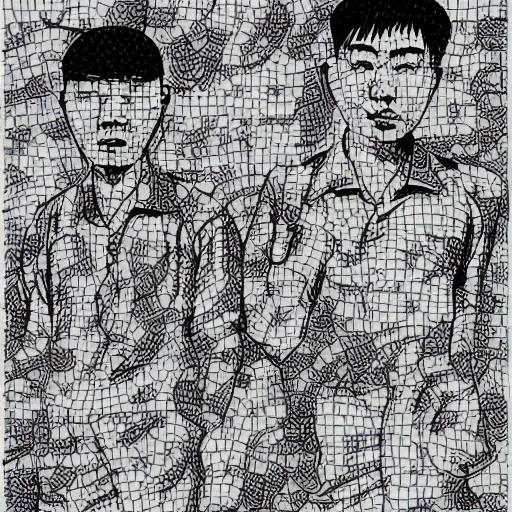 Prompt: chinese men in a prison, heart kidney lungs, in the style of daniel johnston and outsider art, 4k, line brush, overlaid with chinese adverts and mandarin text