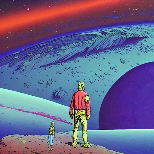 Prompt: Into darkest cosmos alien planet traveler ,painting of Moebius