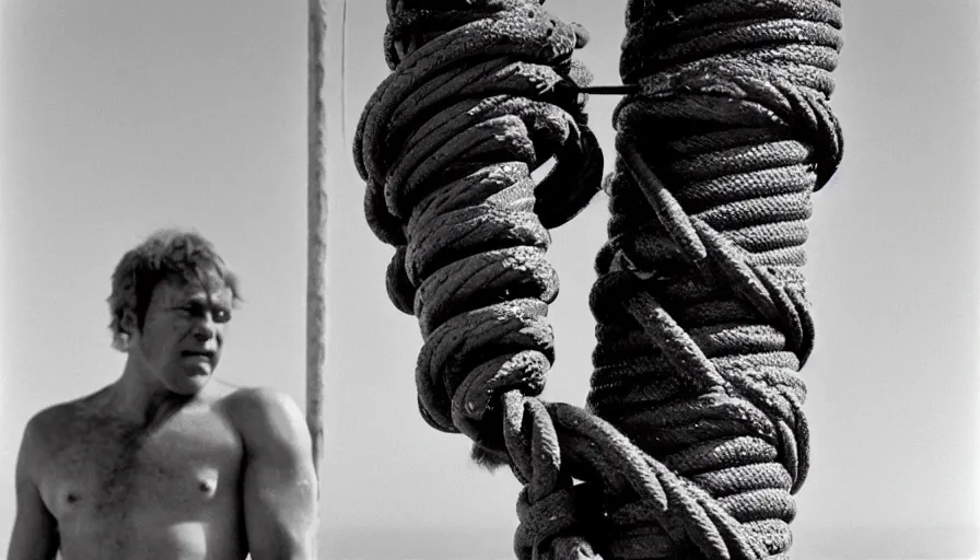 Image similar to 1 9 7 0 s movie still close - up of marcus atilius regulus tied with ropes at a pole with his wide open bleeding eyes looking at the burning sun, cinestill 8 0 0 t 3 5 mm b & w, high quality, heavy grain, high detail, texture, dramatic light, anamorphic, hyperrealistic, detailed hair