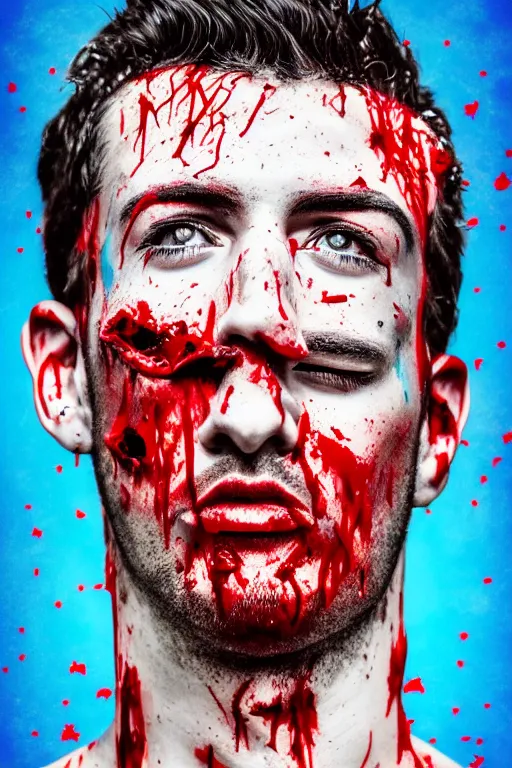 Image similar to guy covered with blood in his face - aesthetic, 4 k, comical, acrylic paint style, pencil style, torn cosmo magazine style, pop art style, ultrarealism, by mike swiderek, jorge lacera, ben lo, tyler west