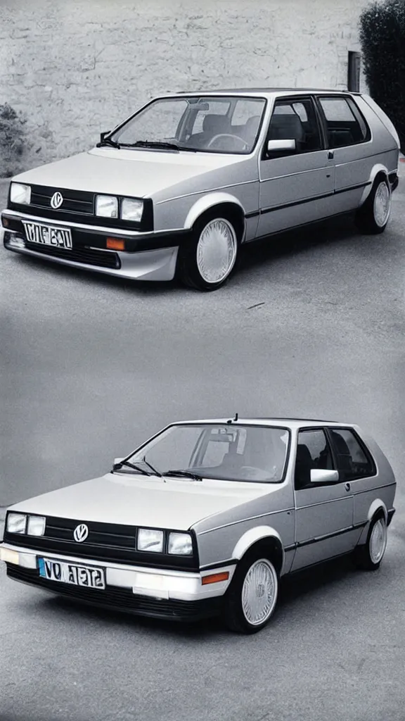 Image similar to 1 9 8 0 s vw golf, made out of reflective chrome