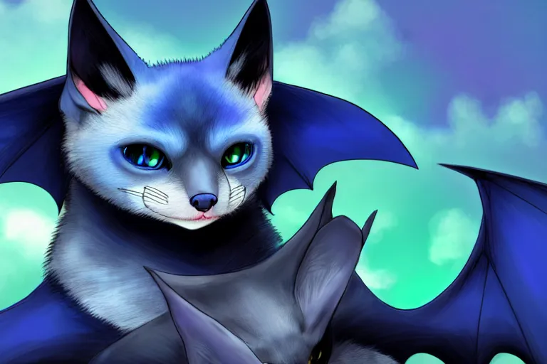 Image similar to a blue - and - black male catbat fursona with blue / green heterochromatic eyes ( differently - colored eyes, one green, one blue ) and huge bat ears, photo of the catbat streaming on his computer