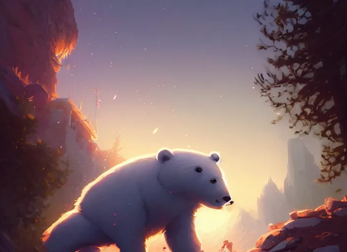 Image similar to highly detailed portrait of ice bear with axe, rampaging through san fransisco, art by greg rutkowski, loish, rhads, ferdinand knab, makoto shinkai and lois van baarle, ilya kuvshinov, rossdraws, tom bagshaw, global illumination, radiant light, detailed and intricate environment