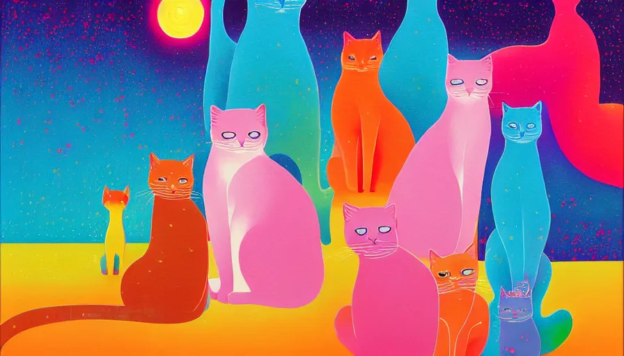 Image similar to contemporary semi abstract acrylic painting of really tall sitting cats by makoto shinkai, by lisa frank, by victo ngai, by kessler art, thick brush strokes and visible paint layers, multicolor color scheme