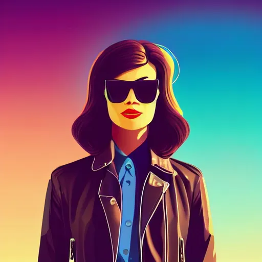 Image similar to a woman with light blue shutter shades in front of a sunset, a dark brown leather jacket, one side brown haircut with blue ends, vector art by jan tengnagel, pixabay contest winner, retrofuturism, retrowave, synthwave, outrun, portrait,