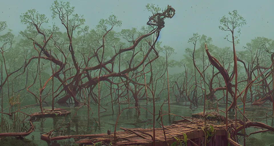 Prompt: A fantastic mangrove, by simon stalenhag