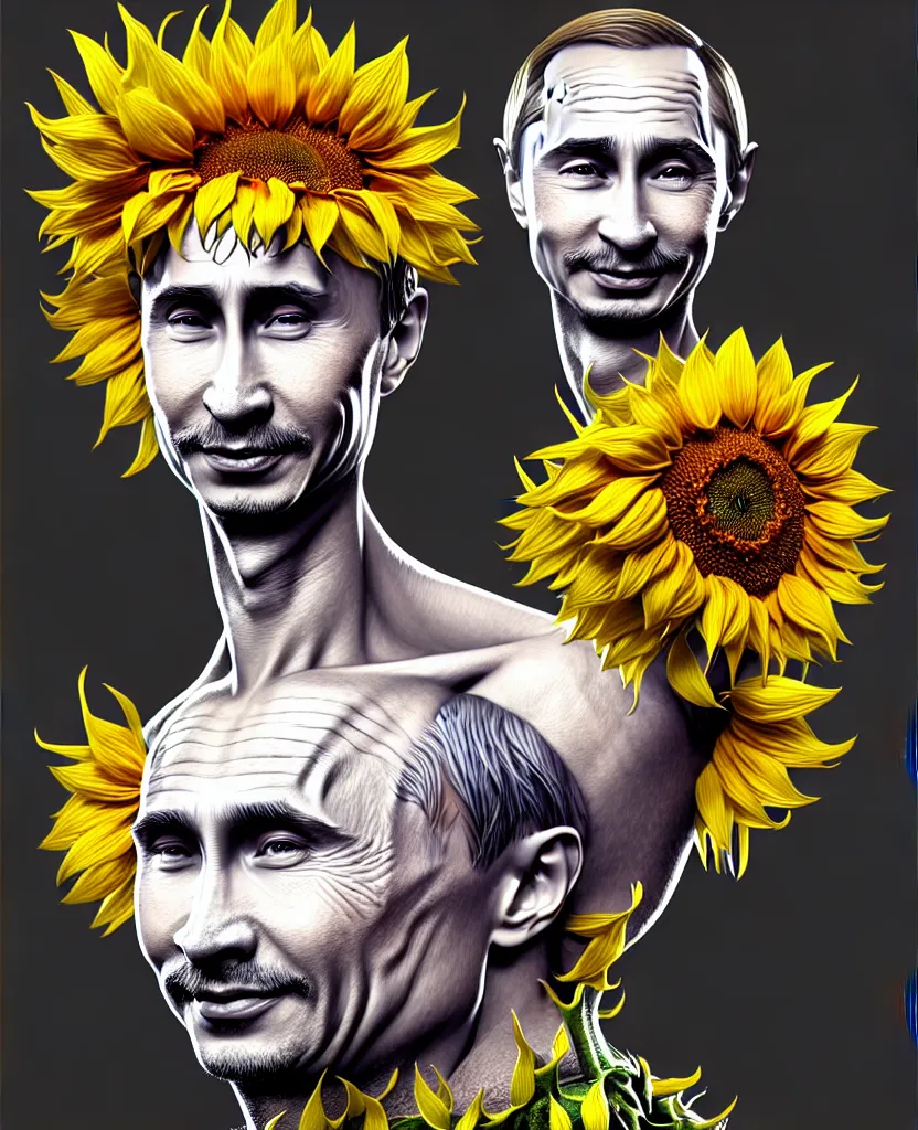 Image similar to digital art, centered full body of young any old Putin smiling king, Sunflower crown, ,intricate, veins, by James Jean and by artgerm , by ross tran ultradetailed, charachter design, concept art, trending on artstation,