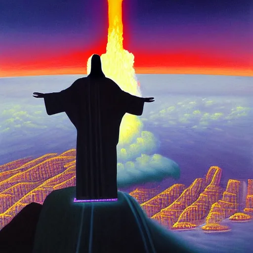 Prompt: detailed painting of christ the redeemer statue as a cyborg, in front of a nuclear explosion, cyberpunk, retro-futurist, dark