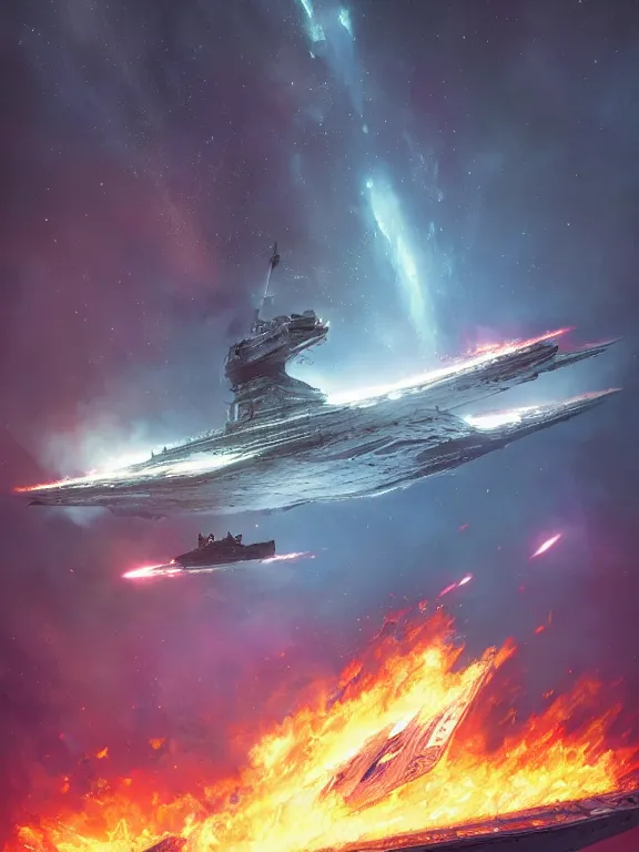 Image similar to photo of 8k ultra realistic star destroyer on fire, full of colour, cinematic lighting, battered, trending on artstation, 4k, hyperrealistic, focused, extreme details,unreal engine 5, cinematic, masterpiece, art by Peter Mohrbacher