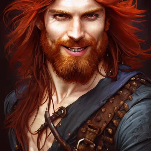 Prompt: portrait of a young ruggedly handsome but joyful pirate, male, masculine, upper body, red hair, long hair, d & d, fantasy, mischievous smirk, intricate, elegant, highly detailed, digital painting, artstation, concept art, matte, sharp focus, illustration, art by artgerm and greg rutkowski and alphonse mucha