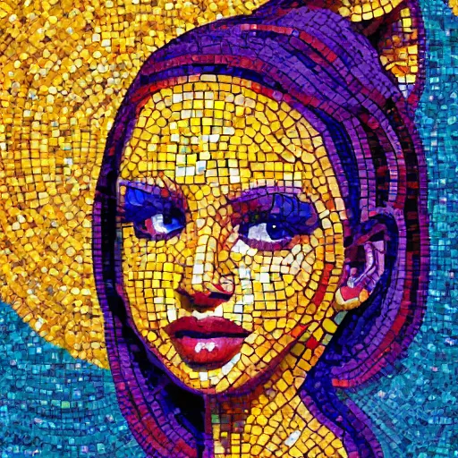 Image similar to mosaic portrait of a beautiful cute young girl with robot ears, 4k, intricate details, digital, sun in the background