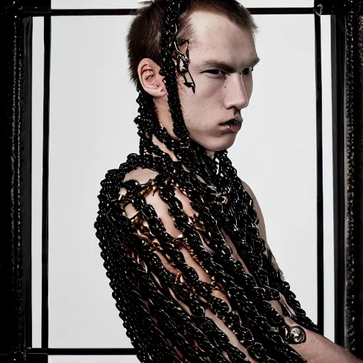 Prompt: a portrait of a beautiful young male wearing an alexander mcqueen bodysuit made of chains , photographed by andrew thomas huang, artistic