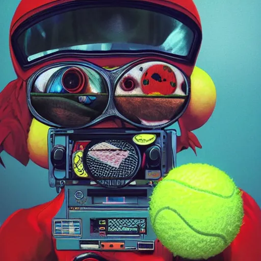 Image similar to a portrait of an anthropomorphic tennis ball monster by sandra chevrier, detailed render, tape deck, boombox, headphones, epic composition, cybernetics, 4 k realistic, cryengine, realistic shaded lighting, sharp focus, masterpiece, by matteo scalera, gary montalbano, peter elson in the style of the tokyo ghost comic