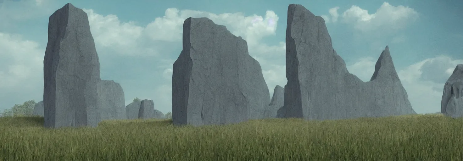 Prompt: monolith at the meadow of tranquility, in the style of moebius