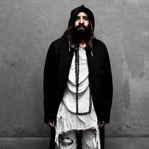 Image similar to jesus in fear of god streetwear by nicola samori, jerry lorenzo style