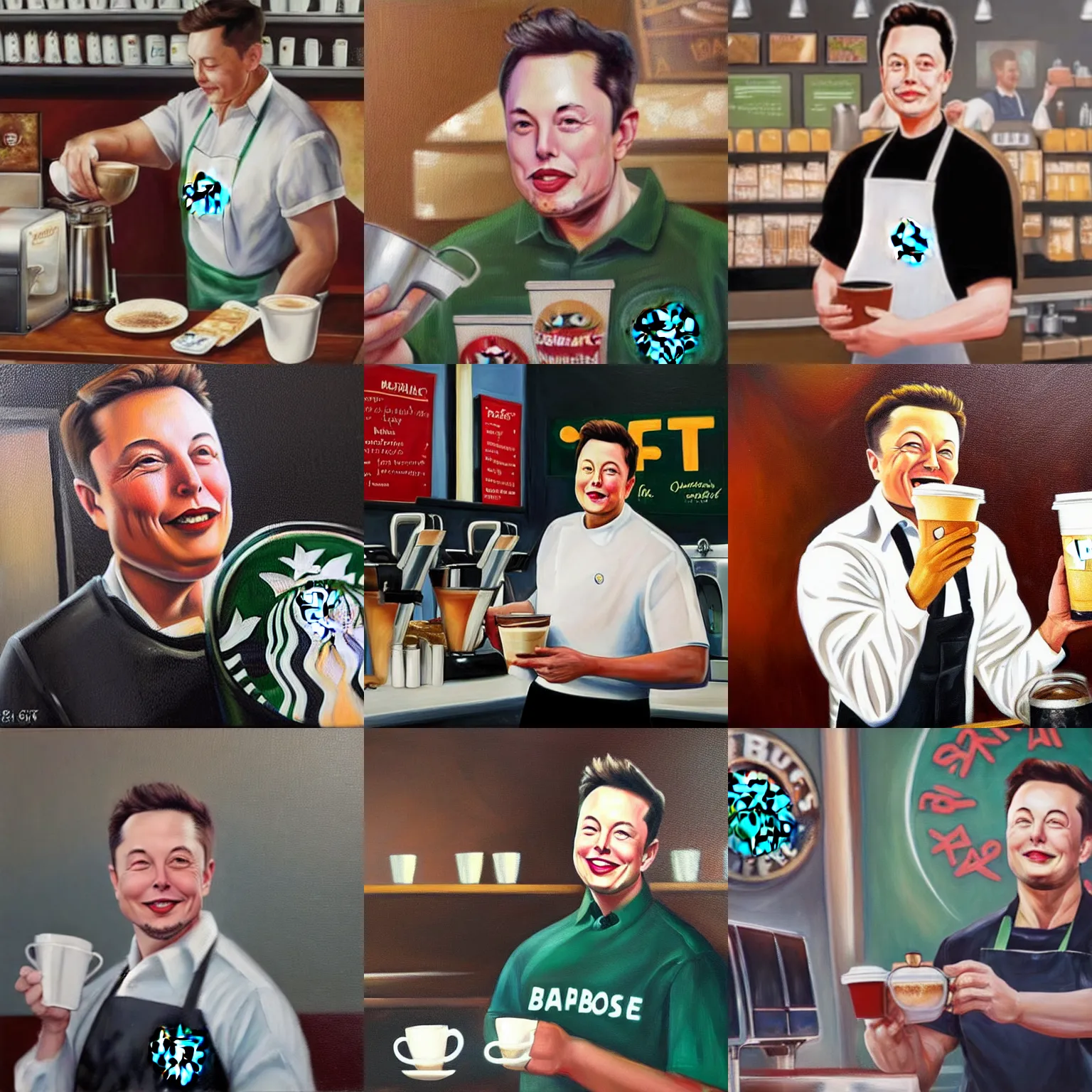 Prompt: realistic oil painting of elon musk in Starbucks barista uniform apron serving coffee to customers, sad, crying