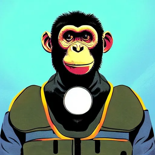 Prompt: “ portrait of a genetically modified chimp in a 1 9 5 0's space suit and leather jacket. he can project a bubble of oxygen that covers his head. he is flying through open space into a portal to another dimension. in the style of frank miller. ”