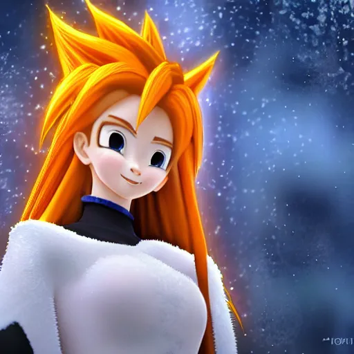 Prompt: portrait focus of Super Saiyan beautiful 3D anime girl!!! Frozen ice!! dark forest background, snowing, bokeh, inspired by Masami Kurumada, digital painting, high contrast, unreal engine render, volumetric lighting, high détail