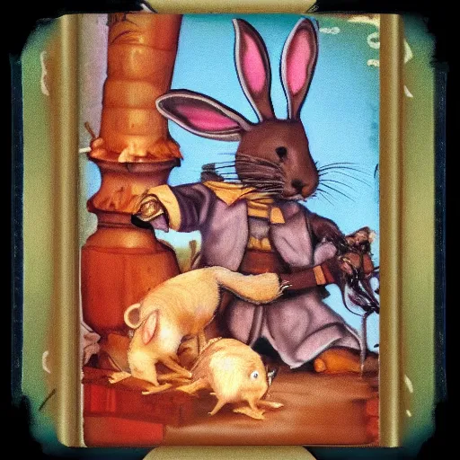 Prompt: humanoid bunny kills two humanoid rats with a knife in morocco style, 4k, HD, polaroid