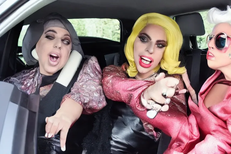 Image similar to lady gaga and judy garland carpool karaoke, highly realistic, highly detailed, high resolution, 8 k 4 k,