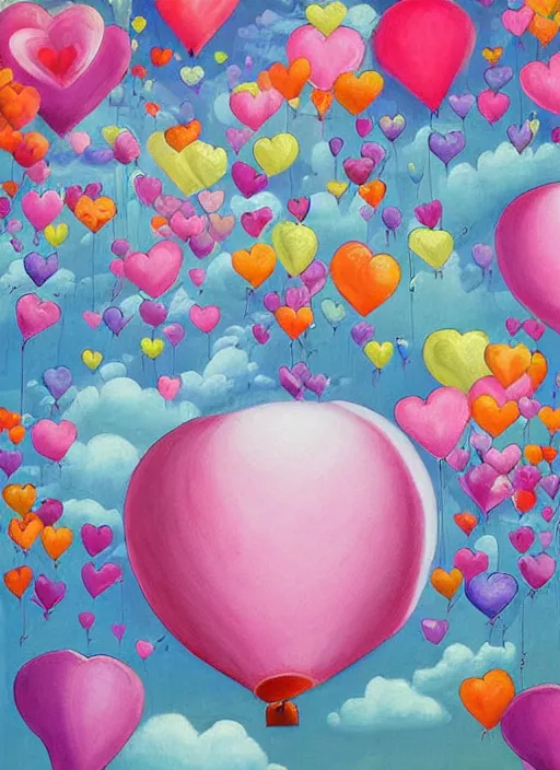 Image similar to detailed painting that is beautiful and whimsical with cotton candy clouds and balloon hearts and flowers inside