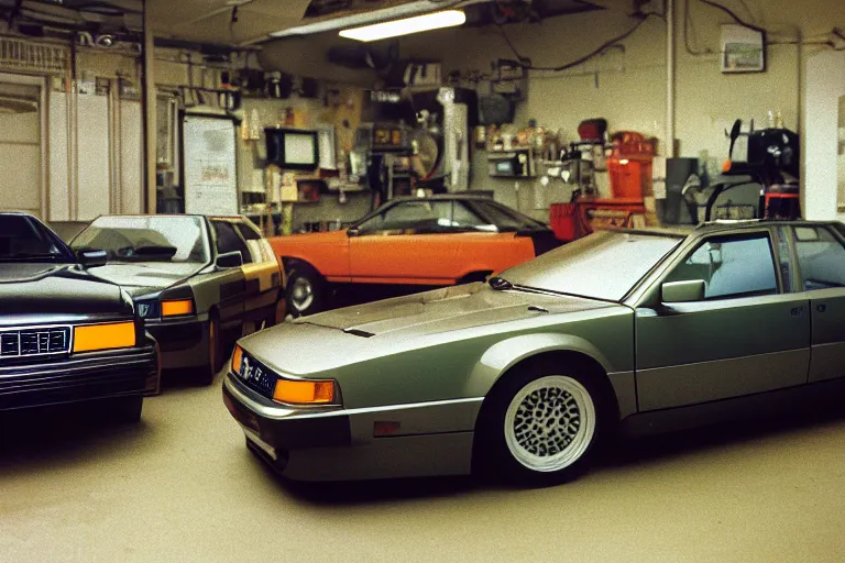 Prompt: a single 1988 Audi Quattro, BMW M1 Lincoln Continental, inside of a Tokyo garage, ektachrome photograph, volumetric lighting, f8 aperture, cinematic Eastman 5384 film