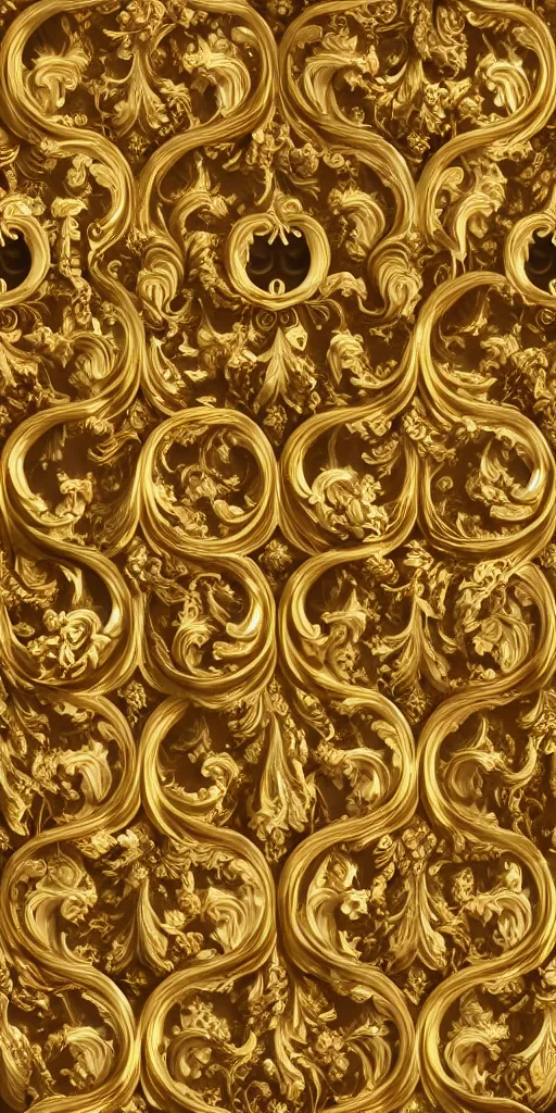 Image similar to seamless 3D baroque gold pattern, Beautiful dynamic shadows , gold and pearls, symmetrical, rococo elements, damask, Artstation, versace pattern, supersharp, no blur, sharp focus, insanely detailed and intricate, Octane render,8K