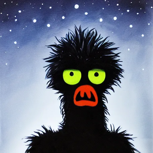 Prompt: photorealistic portrait of dark angry muppet in night, dark forest background