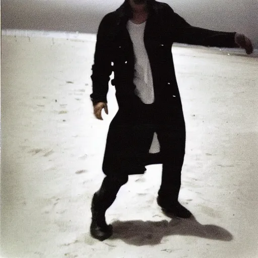 Image similar to 9 0 s polaroid photograph of norman reedus wearing a trenchcoat at night, dancing on a beach during cloudy weather, vignette