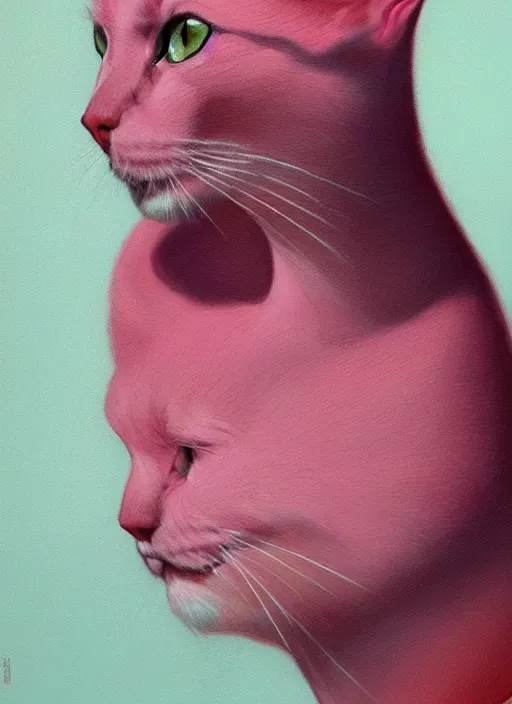 Image similar to a portrait of a pink cat hybrid woman wearing clothes, art by boris vallejo and greg danton and denys tsiperko, detailed, hyperrealism, artstation