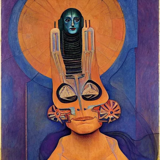 Prompt: portrait of a robot shaman, by annie swynnerton and edward hopper and diego rivera and jean delville and rufino tamayo and evelyn de morgan, art deco shaman, stylized geometric flowers, art brut, outsider art, symbolist, dramatic lighting, god rays, clean crisp graphics, smooth sharp focus, extremely detailed, adolf wolfli