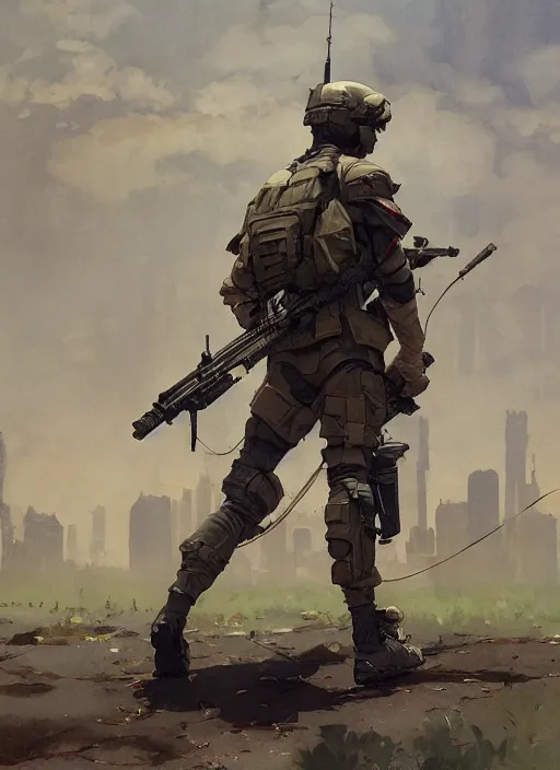 Image similar to us soldier in full battle gear, hd artstation, makoto shinkai, dean cornwell, lois van baarle, norman rockwell, ilya kuvshinov, j c leyendecker, victo ngai, mc clelland barclay, ossdraws, feng zhu, andreas rocha, john harris, cinematic