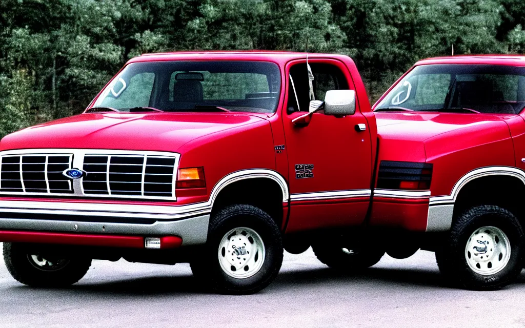 Prompt: 1 9 9 0 s dodge ram truck driving over and crushing ford trucks photo 4 k