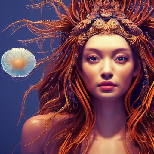Prompt: Portrait of the most beautiful goddess, she has a jellyfish phoenix head's, by Tooth Wu, trending on Artstation, digital art, symmetrical artwork, cinematic, hyper realism, high detail, octane render, 4k, 8k