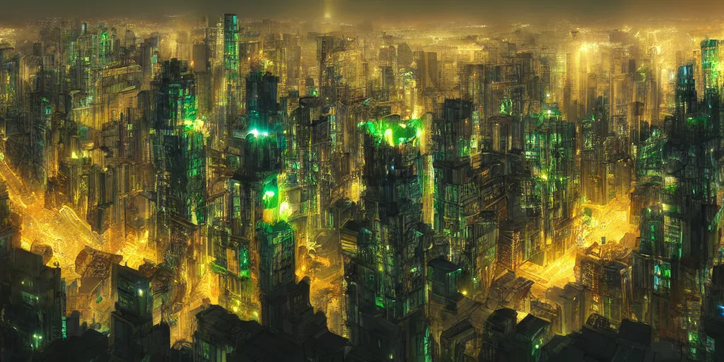 Image similar to Legendary Biringan city at night with tall gilded towers, green lights, populated by Filipino mythological creatures, concept art, artstation