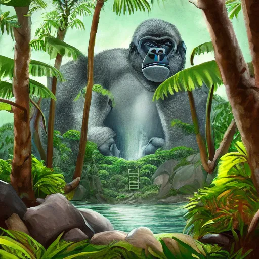 Image similar to painting of a small jungle island with a large rock formation in the shape of a gorilla head with a treehouse on the top, trending on artstation