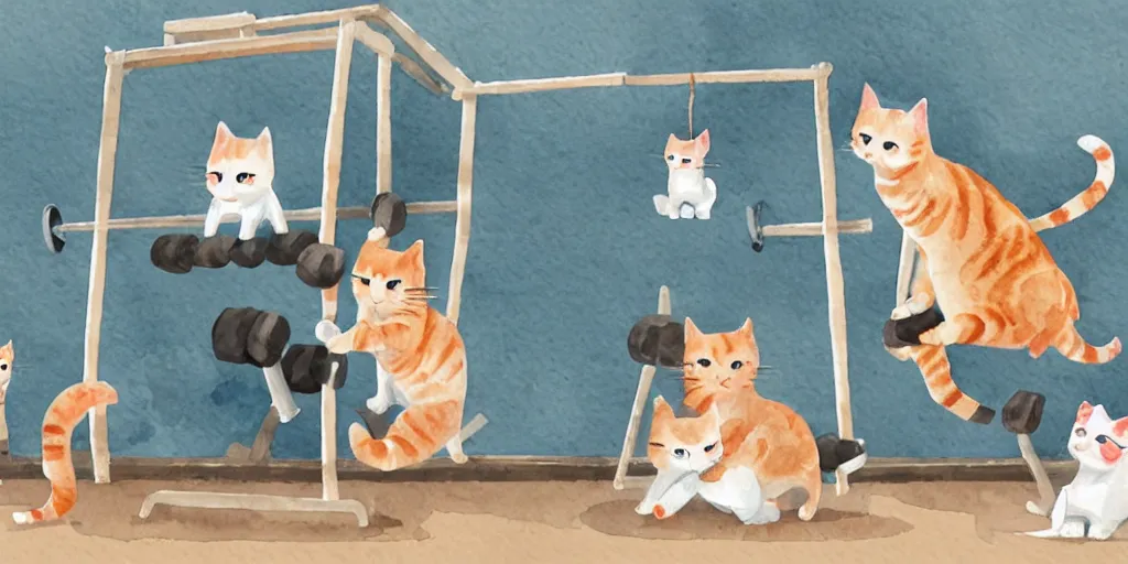 Image similar to watercolor illustration style, cute cats training in the fitness studio