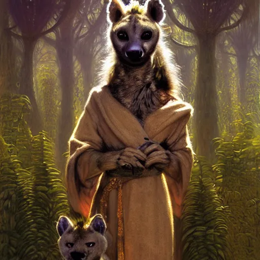 Image similar to a female hyena hyenawoman canine in robes alone in a dark forest. night zootopia fursona furaffinity furry art detailed face painting by gaston bussiere craig mullins jc leyendecker gustav klimt artgerm greg rutkowski furry