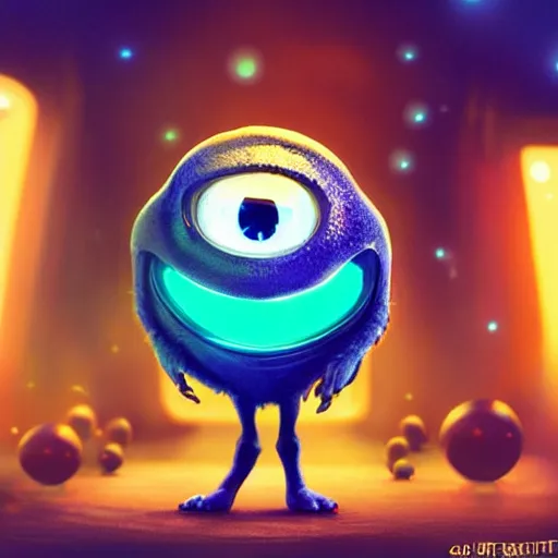 Image similar to cute alien creautes, big glowing eyes, furry, 3 d digital art, pixar, disney