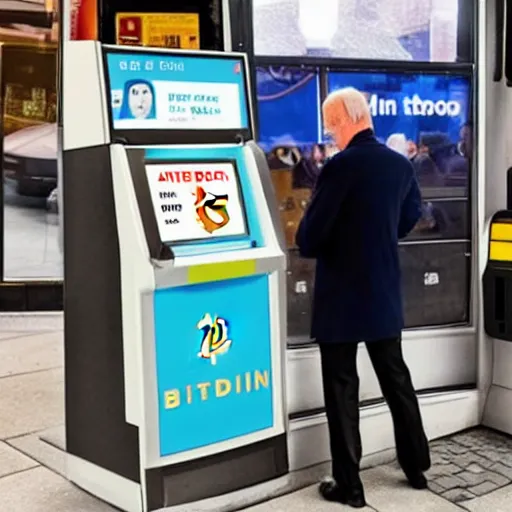 Prompt: joe biden buying bitcoin at an atm, in front of an arby's, on a cold winter night